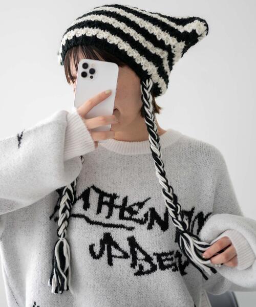 WEGO（ウィゴー）の「WEGO/ローゲージボーダーネコミミニットキャップ（ニットキャップ/ビーニー・レディース・グレー系その他5/ブラウン系その他5/ホワイト系その他5/レッド系その他5・FREE）」の2枚目の写真