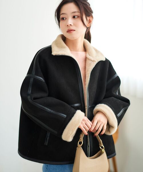 le.coeur blanc（ルクールブラン）の「裏起毛合皮ショートブルゾン（ブルゾン・レディース・ブラック/ベージュ・38）」の2枚目の写真