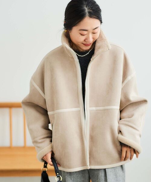 le.coeur blanc（ルクールブラン）の「裏起毛合皮ショートブルゾン（ブルゾン・レディース・ブラック/ベージュ・38）」の7枚目の写真