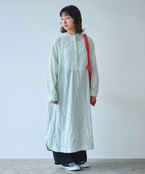 bulle de savon（ビュルデサボン）の「●shirring stripe バンドカラーシャツワンピース（シャツワンピース・レディース・グリーン/サックスブルー/ピンク・FREE）」の7枚目の写真