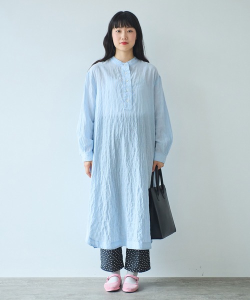 bulle de savon（ビュルデサボン）の「●shirring stripe バンドカラーシャツワンピース（シャツワンピース・レディース・グリーン/サックスブルー/ピンク・FREE）」の11枚目の写真