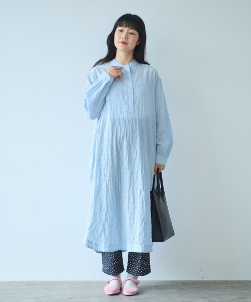 bulle de savon（ビュルデサボン）の「●shirring stripe バンドカラーシャツワンピース（シャツワンピース・レディース・グリーン/サックスブルー/ピンク・FREE）」の12枚目の写真