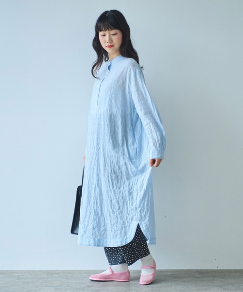 bulle de savon（ビュルデサボン）の「●shirring stripe バンドカラーシャツワンピース（シャツワンピース・レディース・グリーン/サックスブルー/ピンク・FREE）」の13枚目の写真