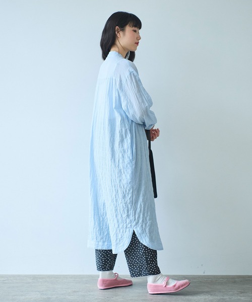 bulle de savon（ビュルデサボン）の「●shirring stripe バンドカラーシャツワンピース（シャツワンピース・レディース・グリーン/サックスブルー/ピンク・FREE）」の15枚目の写真