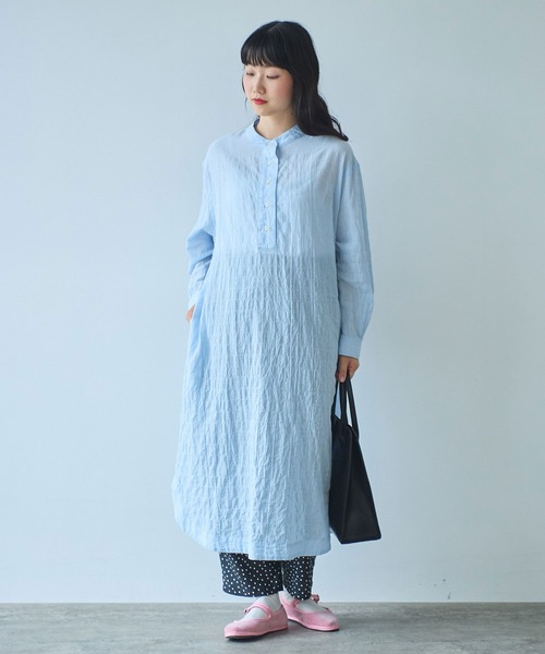 bulle de savon（ビュルデサボン）の「●shirring stripe バンドカラーシャツワンピース（シャツワンピース・レディース・グリーン/サックスブルー/ピンク・FREE）」の16枚目の写真