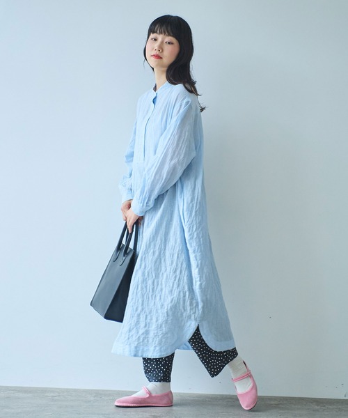 bulle de savon（ビュルデサボン）の「●shirring stripe バンドカラーシャツワンピース（シャツワンピース・レディース・グリーン/サックスブルー/ピンク・FREE）」の17枚目の写真