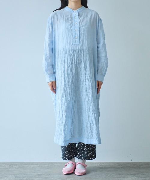 bulle de savon（ビュルデサボン）の「●shirring stripe バンドカラーシャツワンピース（シャツワンピース・レディース・グリーン/サックスブルー/ピンク・FREE）」の18枚目の写真