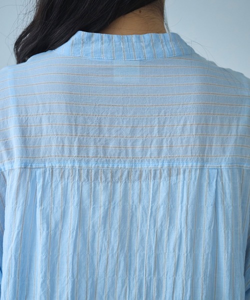 bulle de savon（ビュルデサボン）の「●shirring stripe バンドカラーシャツワンピース（シャツワンピース・レディース・グリーン/サックスブルー/ピンク・FREE）」の21枚目の写真