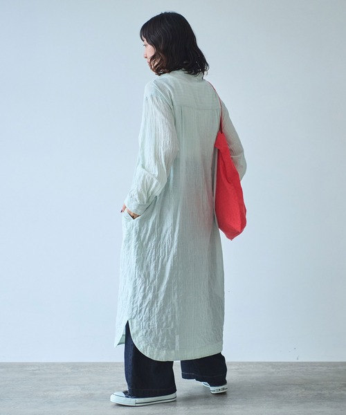 bulle de savon（ビュルデサボン）の「●shirring stripe バンドカラーシャツワンピース（シャツワンピース・レディース・グリーン/サックスブルー/ピンク・FREE）」の8枚目の写真