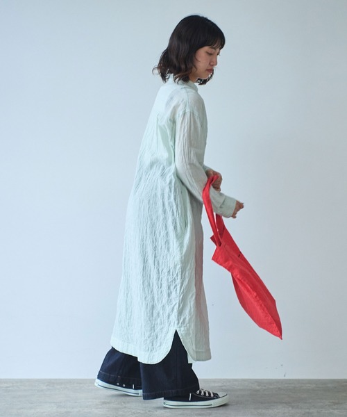 bulle de savon（ビュルデサボン）の「●shirring stripe バンドカラーシャツワンピース（シャツワンピース・レディース・グリーン/サックスブルー/ピンク・FREE）」の10枚目の写真