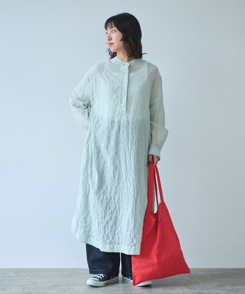 bulle de savon（ビュルデサボン）の「●shirring stripe バンドカラーシャツワンピース（シャツワンピース・レディース・グリーン/サックスブルー/ピンク・FREE）」の5枚目の写真