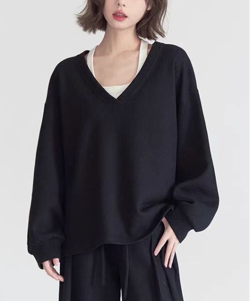 gossip!ロサンゼルス(ゴシップロサンゼルス)の「ビッグシルエットクルースウェット&スウェットワイドパンツ ルームウェア セットアップ(ルームウェア/パジャマ・レディース・ブラック/グレー・M/L/XL)」の6枚目の写真