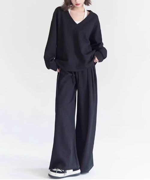 gossip!ロサンゼルス(ゴシップロサンゼルス)の「ビッグシルエットクルースウェット&スウェットワイドパンツ ルームウェア セットアップ(ルームウェア/パジャマ・レディース・ブラック/グレー・M/L/XL)」の7枚目の写真