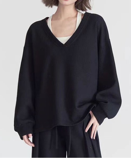 gossip!ロサンゼルス(ゴシップロサンゼルス)の「ビッグシルエットクルースウェット&スウェットワイドパンツ ルームウェア セットアップ(ルームウェア/パジャマ・レディース・ブラック/グレー・M/L/XL)」の4枚目の写真