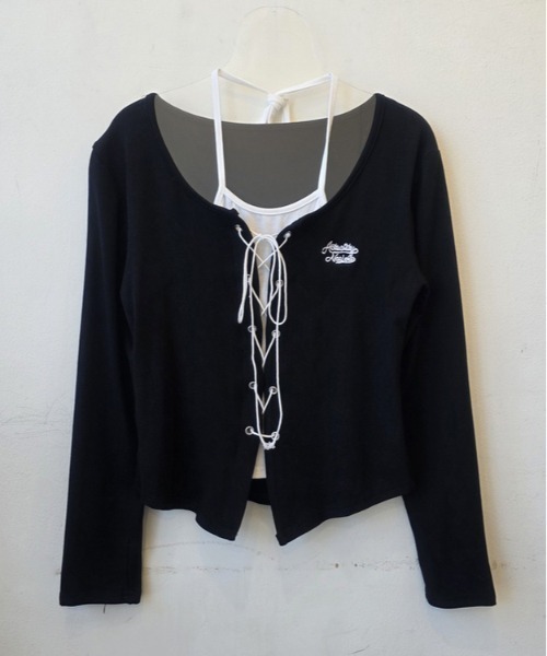gossip!ロサンゼルス(ゴシップロサンゼルス)の「Y2K ホルター刺繍クロップ長袖Tシャツ(Tシャツ/カットソー・レディース・オフホワイト/グレー/ブラウン・FREE)」の16枚目の写真