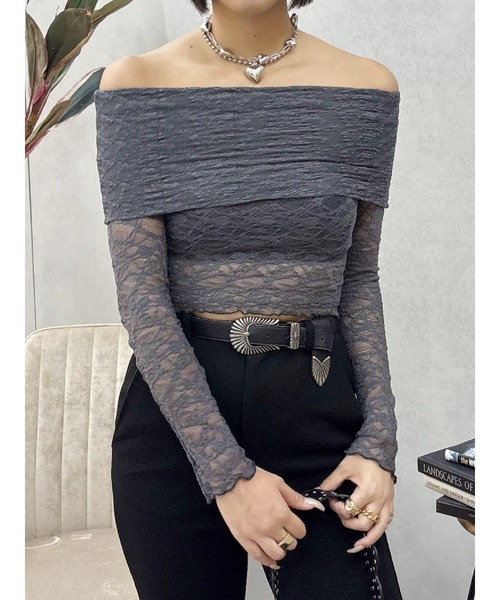 EVRIS（エヴリス）の「レースオフショルカットトップス（Tシャツ/カットソー・レディース・ブラック/ホワイト/グレー・FREE）」の3枚目の写真