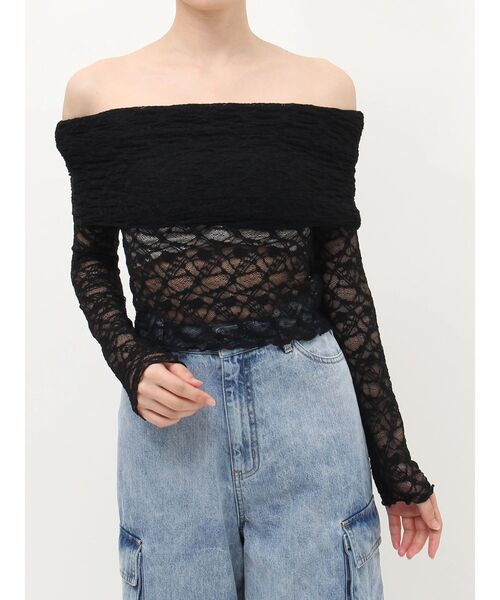 EVRIS（エヴリス）の「レースオフショルカットトップス（Tシャツ/カットソー・レディース・ブラック/ホワイト/グレー・FREE）」の6枚目の写真