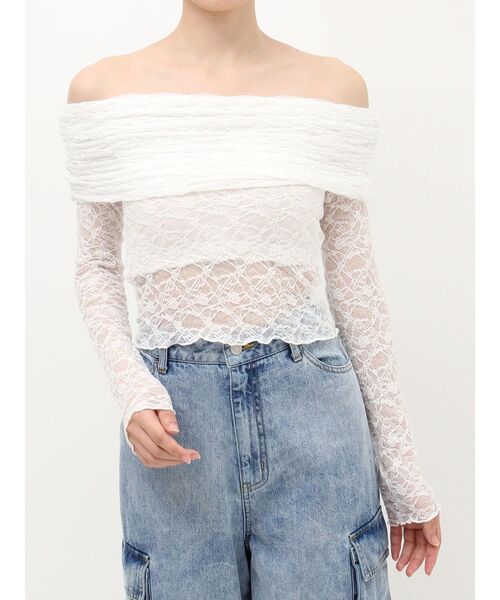 EVRIS（エヴリス）の「レースオフショルカットトップス（Tシャツ/カットソー・レディース・ブラック/ホワイト/グレー・FREE）」の4枚目の写真