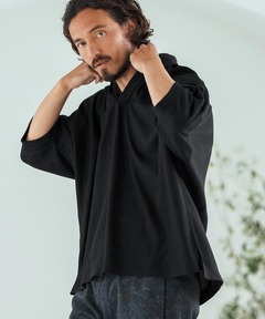 Jih Nuncコットンリネンキーネック7分袖プルオーバーシャツSサイズ 黒