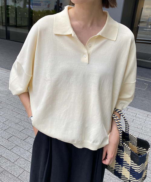 SLOBE IENA　接触冷感UV機能　FROSTY COTTON襟付きPO 接触冷感/UV機能》FROSTY COTTON襟付きプルオーバー（ニット