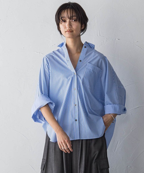 MAYSON GREY(メイソングレイ)の「ワイドカフスドルマンシャツ≪洗濯機で洗える≫(シャツ/ブラウス・レディース・チャコールグレー/ブルー系その他/ホワイト/パープル系その他・M)」の3枚目の写真
