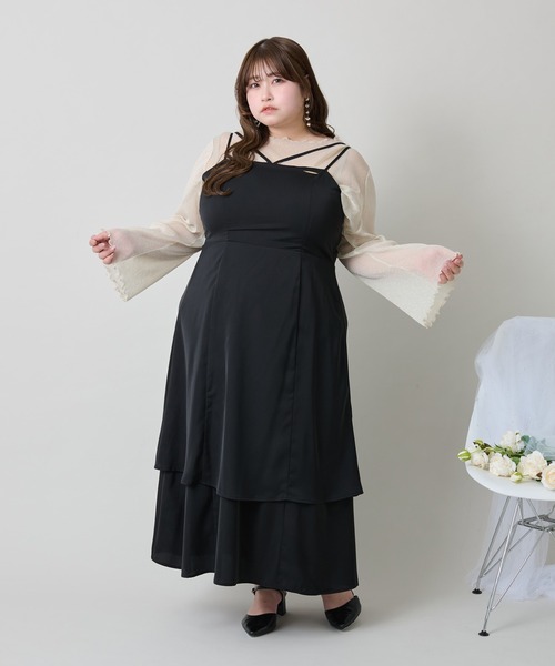 セール】【大きいサイズ】プレート付きティアードキャミワンピ