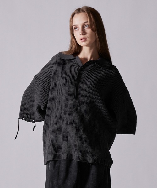 CLEL】Hand Stitched Waffle Skipper Short Sleeve Knit Polo/ハンド