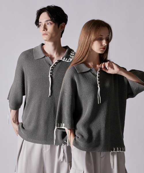 CLEL】Hand Stitched Waffle Skipper Short Sleeve Knit Polo