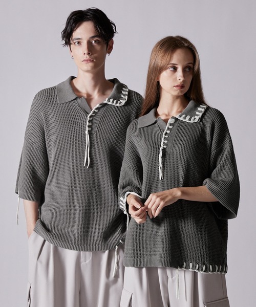 CLEL】Hand Stitched Waffle Skipper Short Sleeve Knit Polo/ハンド
