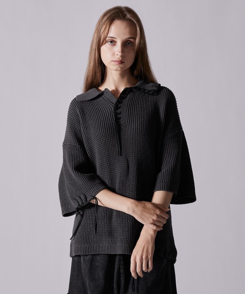 CLEL（クレイル）の「【CLEL】Hand Stitched Waffle Skipper Short Sleeve Knit Polo/ハンドステッチ ワッフルスキッパー半袖ニットポロ（ポロシャツ・メンズ・ブラック/グレイッシュベージュ/チャコールグレー/ブルー・XS/S/M/L）」の17枚目の写真