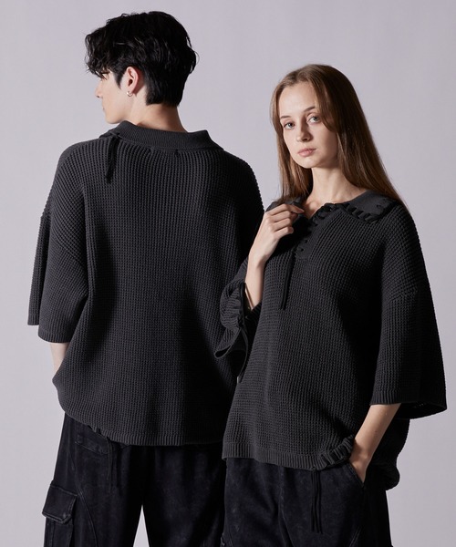 clel ダメージ半袖ニットポロ　クレイル CLEL】Chain Crochet Design Damaged Short Sleeve Knitted Polo