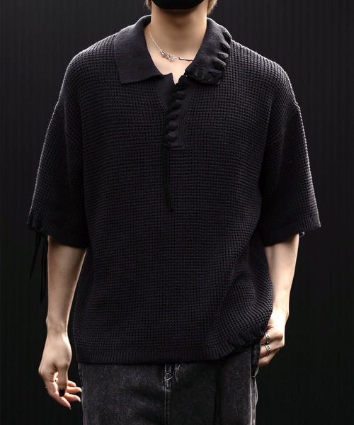 clel ダメージ半袖ニットポロ　クレイル CLEL】Chain Crochet Design Damaged Short Sleeve Knitted Polo