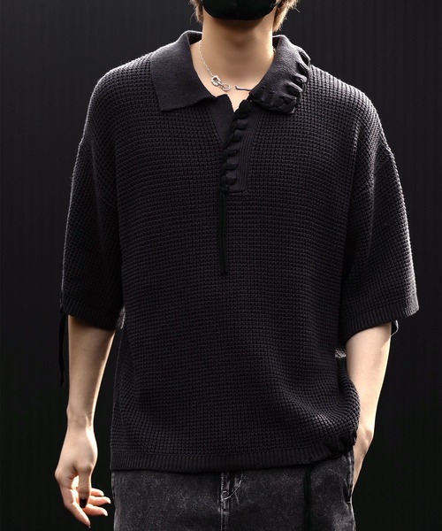 clel ダメージ半袖ニットポロ　クレイル CLEL】Chain Crochet Design Damaged Short Sleeve Knitted Polo