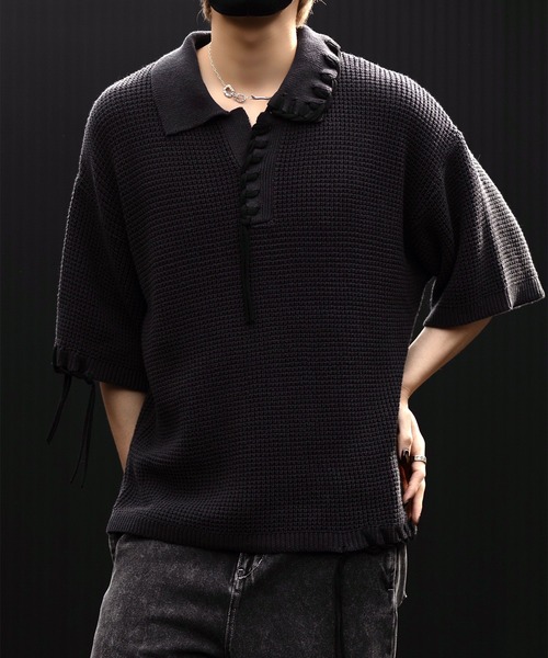 CLEL（クレイル）の「【CLEL】Hand Stitched Waffle Skipper Short Sleeve Knit Polo/ハンドステッチ ワッフルスキッパー半袖ニットポロ（ポロシャツ・メンズ・ブラック/グレイッシュベージュ/チャコールグレー/ブルー・XS/S/M/L）」の16枚目の写真