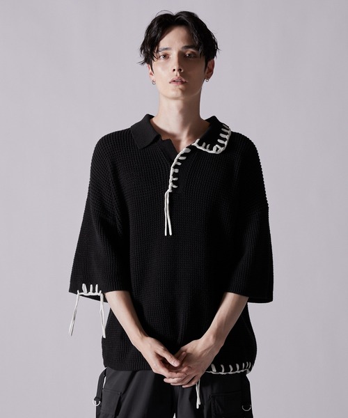CLEL】Hand Stitched Waffle Skipper Short Sleeve Knit Polo/ハンド
