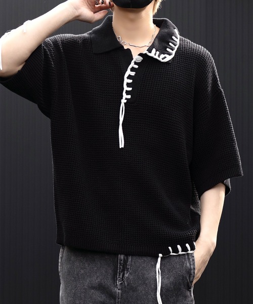 CLEL】Hand Stitched Waffle Skipper Short Sleeve Knit Polo/ハンド
