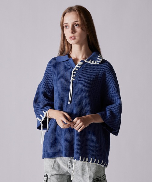 CLEL】Hand Stitched Waffle Skipper Short Sleeve Knit Polo/ハンド
