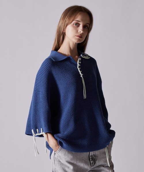 CLEL】Hand Stitched Waffle Skipper Short Sleeve Knit Polo