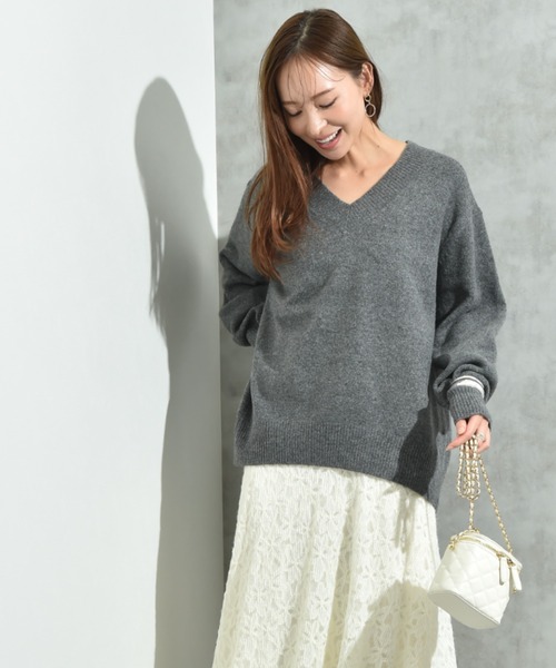 INTERPLANET（インタープラネット）の「７Ｇ天竺Ｖネックプルオーバー（ニット/セーター・レディース・チャコールグレー/ダークブルー/アイボリー・FREE）」の15枚目の写真
