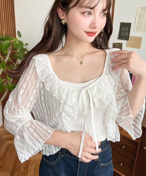 トワレ✨セール✨人気カーディガン✨フリル♡メッシュレース♡脚長効果♡ レースフリルカーディガン｜MORE self LOVE モアセルフラブ 商品詳細