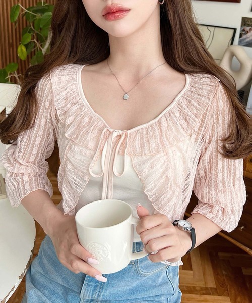 セール】フラワーストライプストレッチレースショート丈フリル