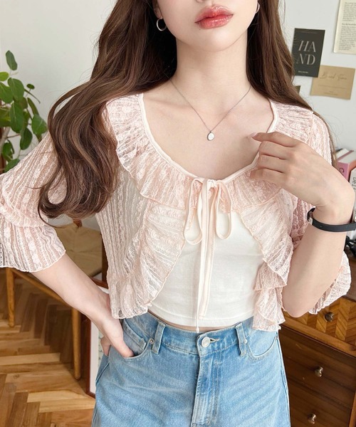 セール】フラワーストライプストレッチレースショート丈フリル