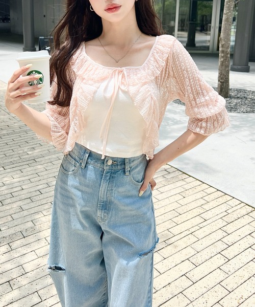 セール】フラワーストライプストレッチレースショート丈フリル