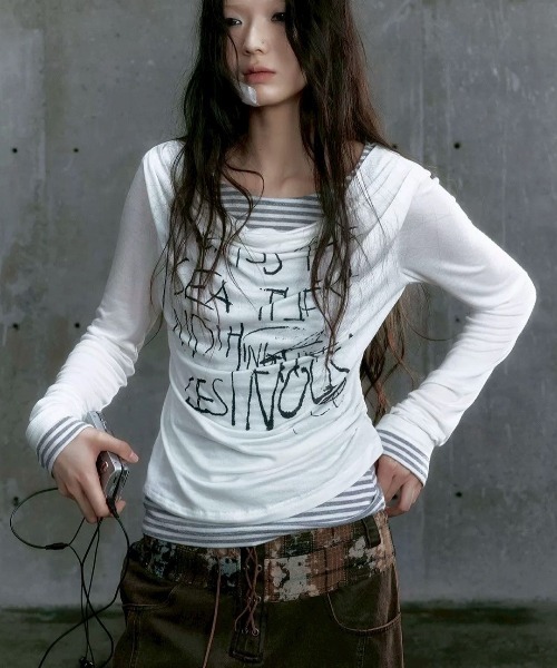 tシャツ 「Cest Nous」Striped Patchwork Dropped Neckline T-shirt / 「セヌー」ボーダーレイヤード Cest Nous】Striped Patchwork Dropped Neckline T-shirt