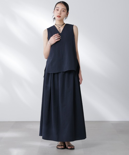 NANO universe（ナノユニバース）の「サッカーブラウス×スカートセットアップ（ワンピース・レディース・ネイビー/オフホワイト・S/M）」の4枚目の写真