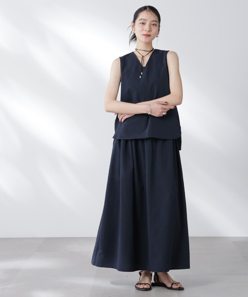 NANO universe（ナノユニバース）の「サッカーブラウス×スカートセットアップ（ワンピース・レディース・ネイビー/オフホワイト・S/M）」の7枚目の写真