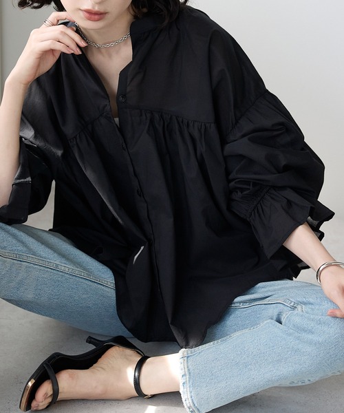 セール】スタンドカラーキャンディースリーブコットンブラウス（シャツ