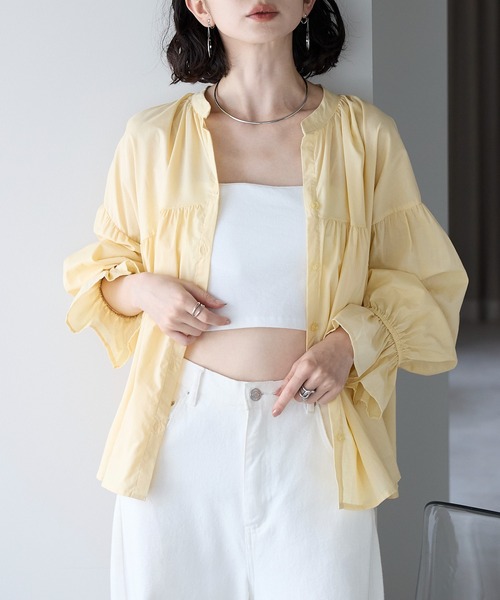 each（イーチ）の「スタンドカラーキャンディースリーブコットンブラウス（シャツ/ブラウス・レディース・ブラック/サックスブルー/ホワイト/イエロー・FREE）」の10枚目の写真