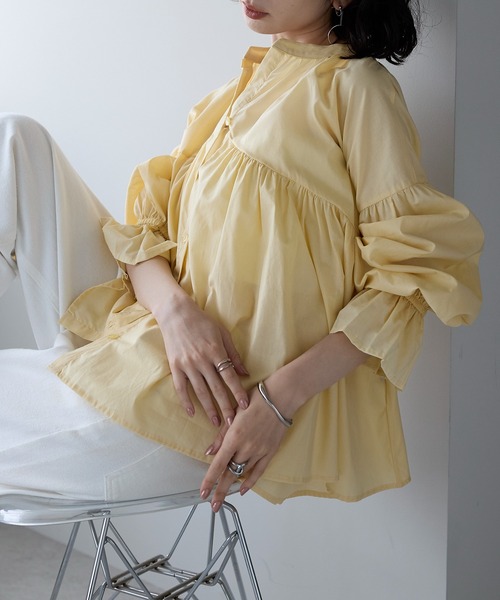 each（イーチ）の「スタンドカラーキャンディースリーブコットンブラウス（シャツ/ブラウス・レディース・ブラック/サックスブルー/ホワイト/イエロー・FREE）」の11枚目の写真