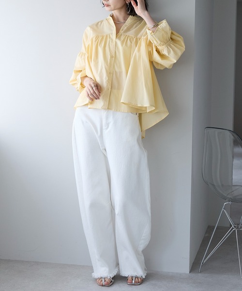 each（イーチ）の「スタンドカラーキャンディースリーブコットンブラウス（シャツ/ブラウス・レディース・ブラック/サックスブルー/ホワイト/イエロー・FREE）」の13枚目の写真